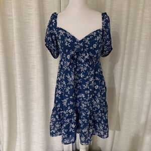 Speechless Women's Blue Floral Print Puff Sleeve Tie Front‎ Mini Dress Size L